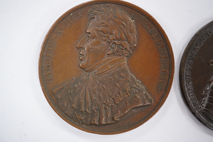 European Historic Medals, Frederick the Great Battle of Prague bronze medal, 1757, and Charles X of France coronation bronze medal, by E. Cannois, 1825 (2)